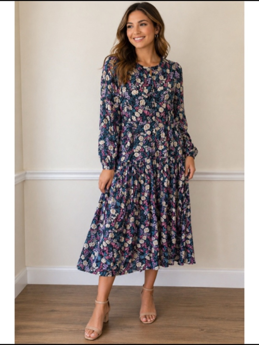 Vintage J Jill Ltd Floral Long Sleeve Cottagecore‎ Midi Dress